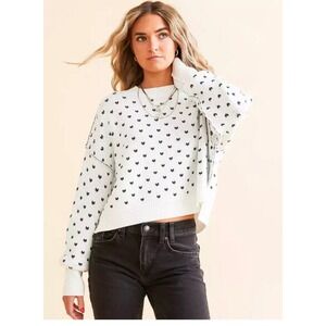 Free People White Black Heart Print Cropped Sweater Pullover Size XS